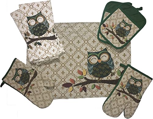 Set of 10, Happy Owl Design Tapestry Kitchen Set, Include 4 Placemats, 2 Kitchen Towels, 2 Potholder 2 Oven mitt.