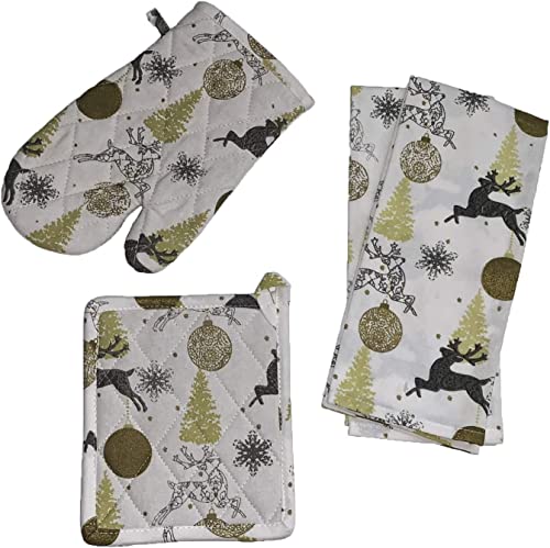 Set of 4, Reindeer, Christmas Tree, Christmas Bulbs, Snowflakes Design Christmas/Holiday Season 100% Cotton Kitchen Towel Set, Includes 2 Kitchen Towels, Pot Holder & Oven mitt.