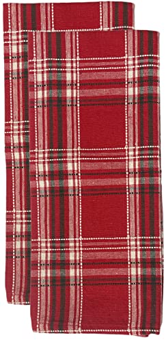 Set of 4, Christmas Red and Green Plaid Check Woven Kitchen Towel Set, Includes 2 Kitchen Towels, 1 Pot Holder, 1 Oven Mitt.