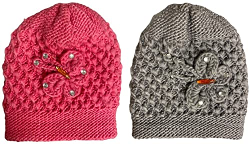 2 Pcs, Womens Wool Knitted Crochet Beanie Hat with Flower for Cold Weather Protection - One Size fits Most.