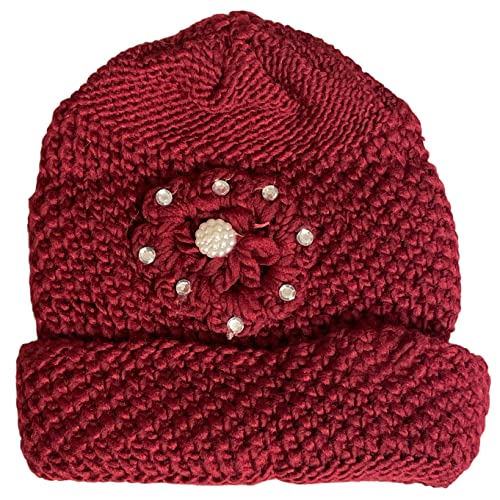 2 Pcs, Womens Wool Knitted Crochet Slouchy Beanie Hat with Flower for Cold Weather Protection.