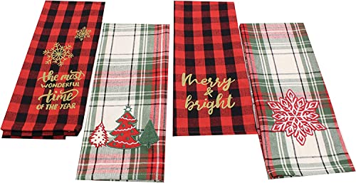 Set of 4, 100% Cotton Holiday Christmas Design Plaid Kitchen Towels Quote Patchwork / Embroidery Christmas Tree and Snowflake, Soft and Absorbent Tea Towels / Kitchen Towels. Size: 15” x 25”.