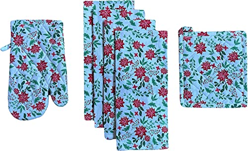 Set of 6, 100% Cotton, Red Poinsettia Flower Design Christmas/Holiday Season Kitchen Towel Set, Includes 4 Kitchen Towels, Pot Holder & Oven mitt.