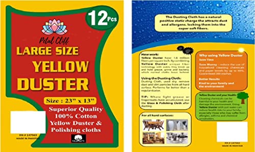 Set of 12, 100% Cotton Large Yellow Dusting Cloths, Captures 2X The Dust of a Regular Cloth, Highly Absorbent Multi-Purpose Cleaning Towels Perfect for Home or Office Size: 23" x 13".