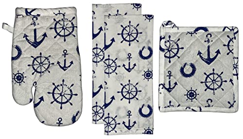 Set of 4, 100% Cotton, Coastal Nautical Anchor and Sailingboat Design, Kitchen T