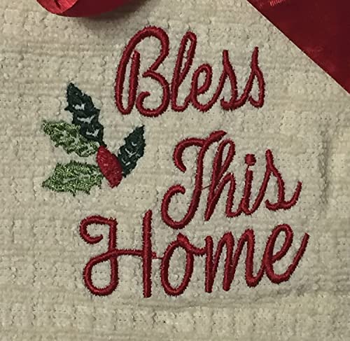 2 Pcs, Bless This Home Embordary on Beige and Plain Red 100% Cotton Waffle Weaves Christmas Holiday Kitchen Towels Size: 16 x 26 Inch.