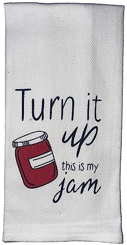 Set of 2, 100% Cotton White Herringbone Funny Kitchen Towels Turn it up This is My jam and Plain Red Kitchen Towels Size: 16 X 28 Inch.