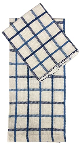 Set of 8, 100% Cotton, Blue Farmhouse Check Flat Woven Kitchen Towel Set, 4 Kitchen Towels with Hanging Loops Size: 15 x 25 inch and 4 Dishcloths for Drying & Wiping Dishes Size: 12 x 12 Inch.