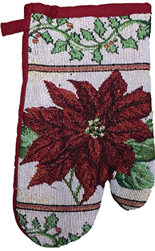 Set of 10, Red Poinsettia Flower Christmas Design Tapestry Kitchen Towel Set, Include 4 Placemats, 2 Kitchen Towels, 2 Pot Holder & 2 Oven mitt.