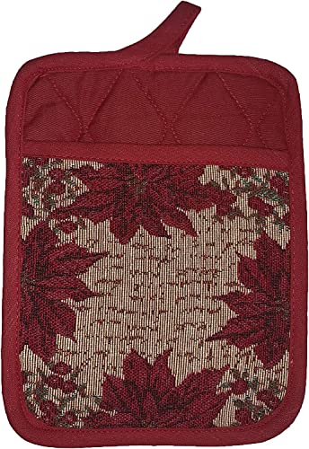 Set of 10, Red Poinsettia Flower Design Christmas Tapestry Kitchen Towel Set, Include 4 Placemats, 2 Kitchen Towels, 2 Pot Holder & 2 Oven mitt.