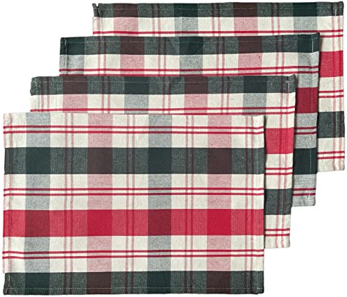 Set of 4, Red, White & Green Plaid 100% Cotton Tapestry Placemats for Holiday Season, Home Decoration Kitchen Dining Table Easy to Clean Size: 13" x 19".