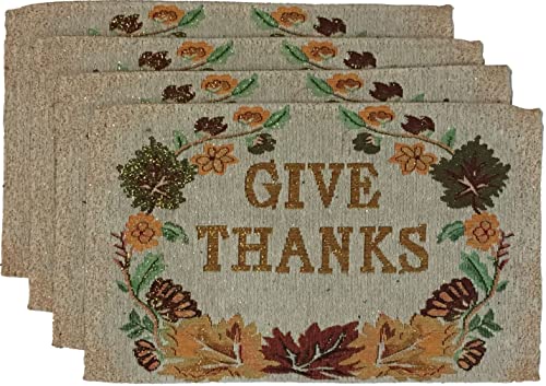 Set of 4, Harvest Tapestry Fall Leaves with Give Thanks Placemats Kitchen Dining Table Easy to Clean, Machine Washable Size: 13” x 19”.