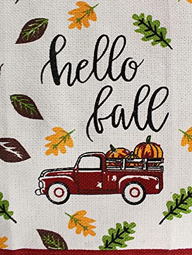 Set of 8, Red Antique Truck and Pumpkin Quote Hello Fall Design Tapestry Kitchen Towel Set, Include 4 Placemats, 2 Kitchen Towels, Potholder & Oven mitt.