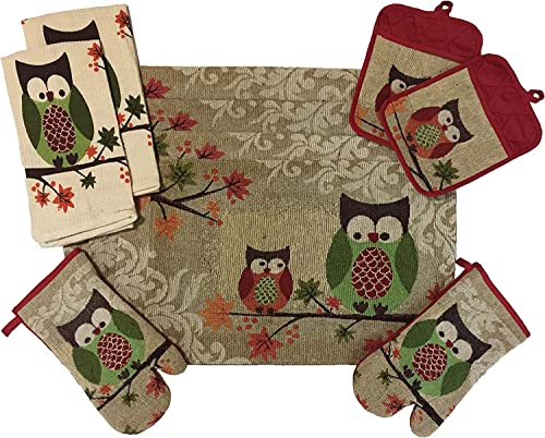 Set of 10, Harvest Owl Design Tapestry Kitchen Set, Include 4 Placemats, 2 Kitchen Towels, 2 Pot Holder & 2 Oven mitt.