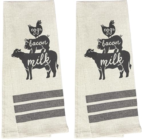 Set of 2, 100% Cotton, Chicken - Eggs, Pigs - Bacon, Cows – Milk, Farmhouse Themed Flour Sack Tea Towel/Kitchen Towel for Wedding, Baby Shower, Home Decor, Housewarming 16 X 28 Inch.