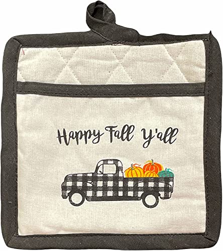 Set of 2, Kitchen Towel, Potholder Set Antique Truck with Pumpkin Sentiment Happy Fall Y'all Autumn / Fall / Halloween Design Kitchen Towel Set.