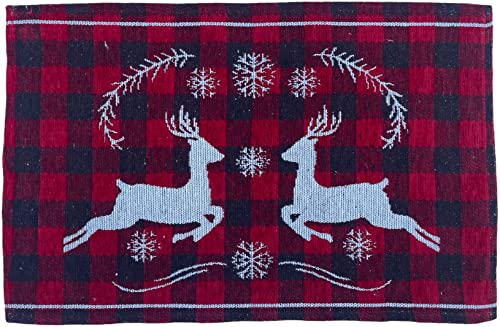 Set of 4 Chenille Textured Red & Black Buffalo Plaid with Reindeer Design Christmas Tapestry Placemats for Holiday Season,Kitchen Dining Table Easy to Clean Size: 13" x 19".