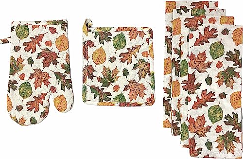 Set of 6, All Over The Leaves Autumn Fall Thanksgiving Fall Home décor Kitchen Towel Set Includes 4 Kitchen Towels, 1 Pot Holder, 1 Oven Mitt.