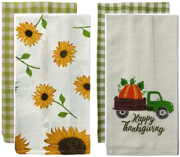 Set of 4, Pumpkin Truck with Happy Thanksgiving and Sunflower Design - Harvest Flour Sack Kitchen Towels with Gingham Check Kitchen Towels Size : 15" x 25".