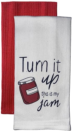 Set of 2, 100% Cotton White Herringbone Funny Kitchen Towels Turn it up This is My jam and Plain Red Kitchen Towels Size: 16 X 28 Inch.