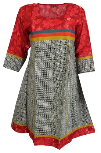 Tunic for Women Black and White, Red with Leaf Round Neck Multi Stipes, 3/4 Sleeves, Long Kurta, Kurti, Tunic, Top.