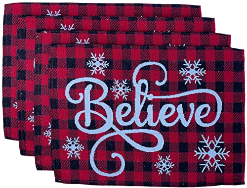 Set of 4, Red and Black Buffalo Plaid Tapestry Placemats Snowflakes with Believe for Holiday Season, Home Decoration Kitchen Dining Table, Perfect for Party or Gifts. Easy to Clean Size: 13" x 19".