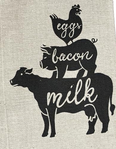 Set of 2, 100% Cotton, Chicken - Eggs, Pigs - Bacon, Cows – Milk, Farmhouse Themed Flour Sack Tea Towel/Kitchen Towel for Wedding, Baby Shower, Home Decor, Housewarming 16 X 28 Inch.