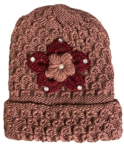 2 Pcs, Women Wool Knitted Crochet Insulated Beanie Hat with Flower for Winter Cold Weather Protection. (Mauve and Burgundy)