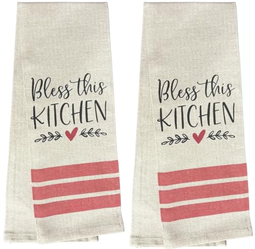 Set of 2, 100% Cotton, Bless This Kitchen, Farmhouse Themed Flour Sack Tea Towel/Kitchen Towel for Wedding, Baby Shower, Home Decor, Housewarming 16 X 28 Inch.