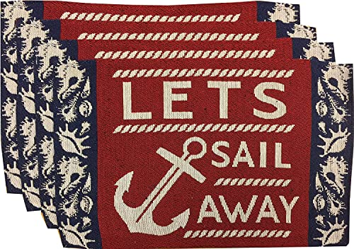 Set of 4, Coastal Nautical Beach Theme Anchor Tapestry Placemats Saying Let's Sail Away for Kitchen Dining Table Mats, Easy to Clean, Machine Washable. Size: 13" x 19".