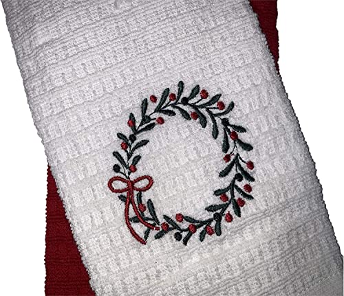 2 Pcs, Christmas Wreath Embordary on Beige and Plain Red 100% Cotton Waffle Weaves Christmas Holiday Kitchen Towels Size: 16 x 26 Inch.