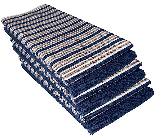 Set of 6, 100% Cotton Tan, Blue and Plain Blue Horizontal Stripes Terry Design Kitchen Towels Highly Absorbent and Machine Washable Size: 15 x 25 inch.