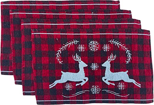 Set of 4 Chenille Textured Red & Black Buffalo Plaid with Reindeer Design Christmas Tapestry Placemats for Holiday Season,Kitchen Dining Table Easy to Clean Size: 13" x 19".