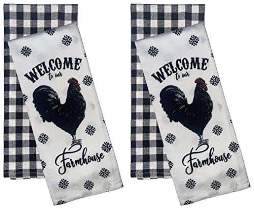 Set of 4, Welcome to Our Farmhouse with Rooster, Black and White Buffalo Plaid Kitchen Towels, Super Soft and Absorbent Size: 15 X 25 inch.