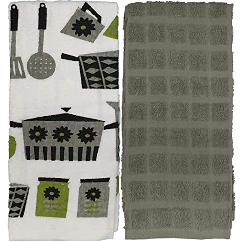 4 Pack, 100% Cotton Kitchen Towels - 2 Pcs, Kitchen Utensils Design Printed and 2 Plain Terry Kitchen Towels, Super Absorbent, Heavy Duty, Great for Kitchen or Household Size: 16” x 26”.