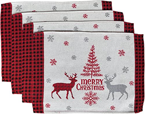 Set of 4, Reindeer, Snowflakes, Christmas Tree with Merry Christmas Tapestry Placemats for Holiday Season, Kitchen Dining Table, Perfect for Party or Gifts. Easy to Clean Size: 13" x 19".