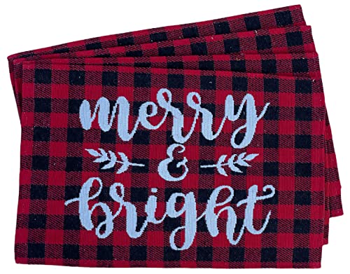 Set of 4, Red and Black Buffalo Plaid Tapestry Placemats with Merry & Bright for Holiday Season, Home Decoration Kitchen Dining Table, Perfect for Party or Gifts. Easy to Clean Size: 13" x 19".