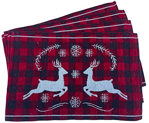 Set of 4 Chenille Textured Red & Black Buffalo Plaid with Reindeer Design Christmas Tapestry Placemats for Holiday Season,Kitchen Dining Table Easy to Clean Size: 13" x 19".