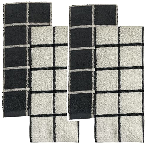 Set of 4, 100% Terry Weave Window Panel Kitchen Towels - 2 Black and 2 White Super Soft and Ultra Absorbent Size: 16” x 27”.