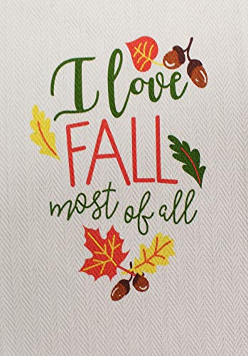 Set of 4, 100% Cotton Off White Sentiment i Love Fall Most of All and Two Tone Waffle Wave Checks Fall/Halloween Festival Flour Sack Tea Towel/Kitchen Towel Size: 16” x 28".