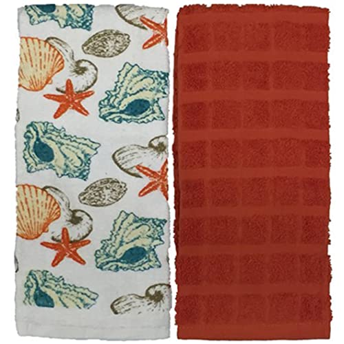 4 Pack, 100% Cotton Kitchen Towels - 2 Pcs, Starfish Design Printed and 2 Plain Terry Kitchen Towels, Super Absorbent, Heavy Duty, Great for Kitchen or Household Size: 16” x 26”.