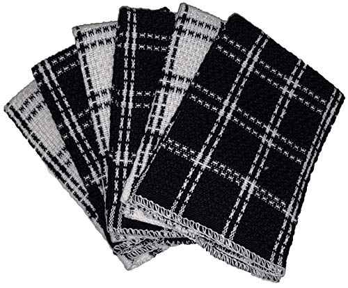 Set of 6, 100% Cotton, Black Plaid Dishcloths Ultra-Absorbent, Heavy Duty Kitchen Cleaning Towels, Size: 12 x 12 inch.