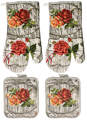 Rose Design 100% Cotton Printed Kitchen Linen Set of 4, Includes 2 Potholder, 2 Oven mitt Kitchen Décor for Cooking, Baking, Barbecue