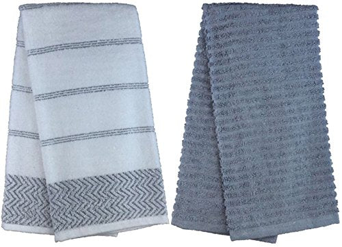 Zigzag Design with Stripes 100% Ring-Spun Terry Cotton Kitchen Dish Towels, Set of 4 - Size: 16 x 27 inch, 410 GSM, 2 White/Grey 2 Solid Grey with Hanging Loop Super Soft, Highly Absorbent.