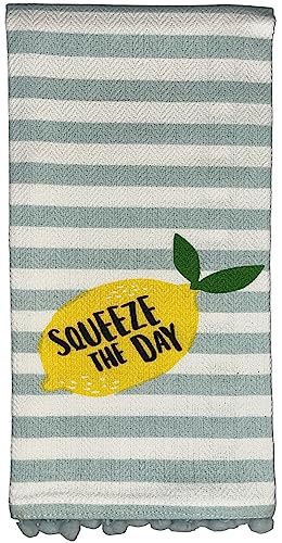 Set of 2, 100% Cotton White Herringbone Pom Poms Funny Kitchen Towels with Lemon Saying, Squeeze The Day and Sky-Blue Dyed Waffle Weave Kitchen Towels/Dish Towels Size: 16 X 28 Inch.