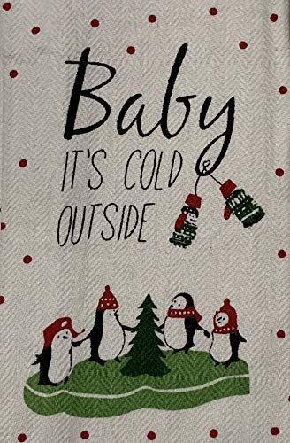 Set of 4, Snowman with Christmas Tree Quote Baby it’s Cold Outside, 100% Cotton Herringbone Pattern and Red Waffle Weave Kitchen Towel / Tea Towels Soft and Absorbent Size: 16” x 28".