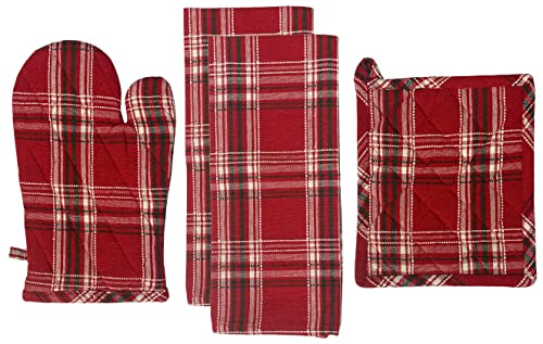 Set of 4, Christmas Red and Green Plaid Check Woven Kitchen Towel Set, Includes 2 Kitchen Towels, 1 Pot Holder, 1 Oven Mitt.