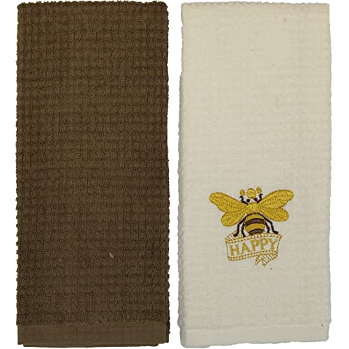 2 Pcs, 100% Cotton Terry Kitchen Towel - Beige Towel Butterfly with Happy Embroidery & Plain Terry Kitchen Towel Size: 15 inch x 25 inch.