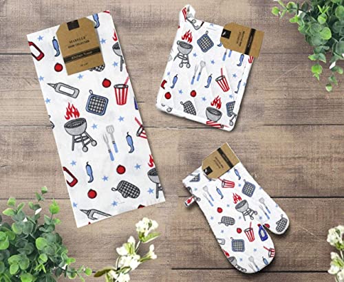 Set of 4, 100% Cotton Americana Theme Design Quilted Hanging Loop Kitchen Sets with Sentiments Barbeque Grill & Utensils Include 2 Kitchen Towels, Potholder & Oven mitt.