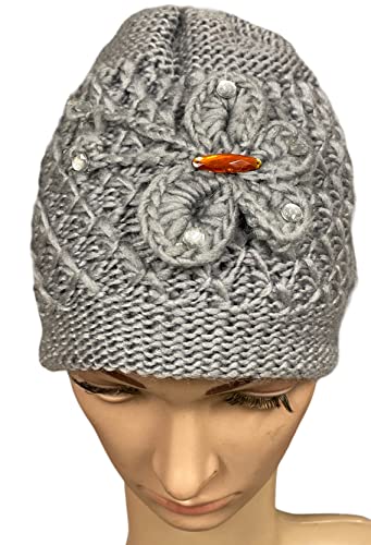 2 Pcs, Womens Wool Knitted Crochet Beanie Hat with Flower for Cold Weather Protection - One Size fits Most.